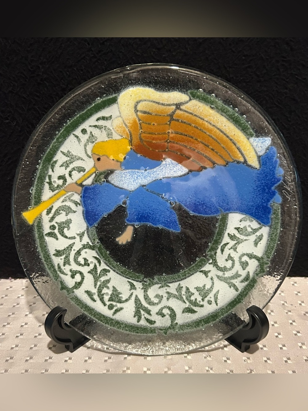 Peggy Karr Fused Art Glass Heralding Heavenly Angel Plate 7.75" Artist Signed
